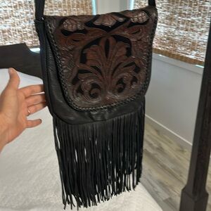 Genuine, leather, handmade, and tooled fringe bag